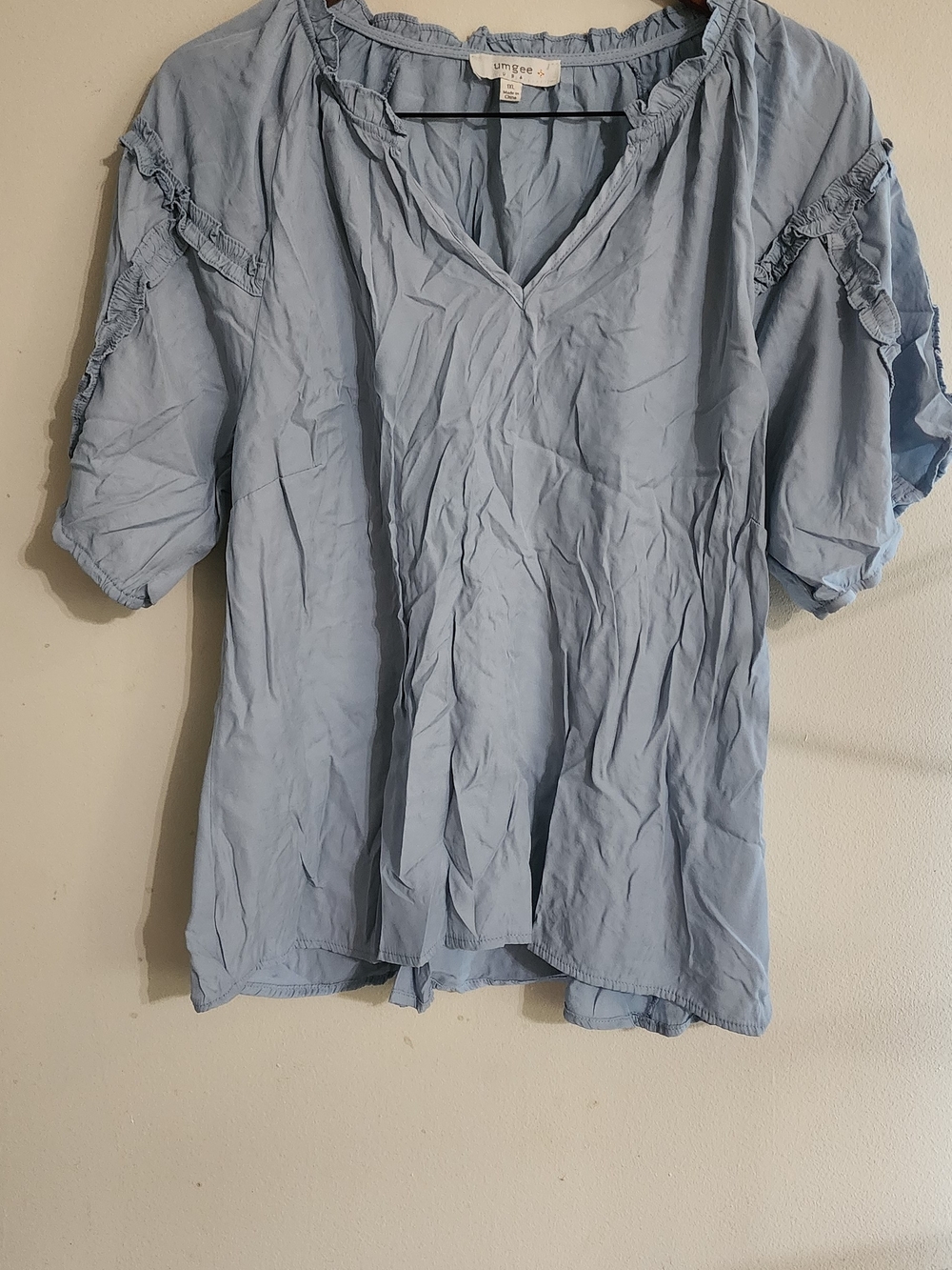 Umgee Soft Sky Blue Ruffle Sleeve V-Neck Blouse